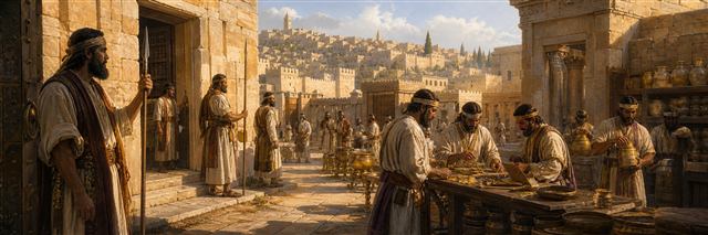 Temple gatekeepers guarding approaches while trusted Levites count dedicated treasures
